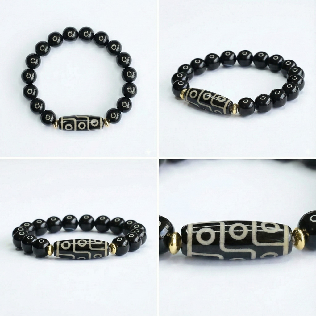 Nine-Eye Dzi Bead Power Bracelet Black Onyx