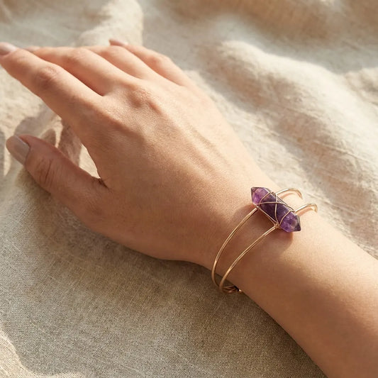 Quartz Crystal Point Healing Energy Amplifier Open Cuff Bracelet