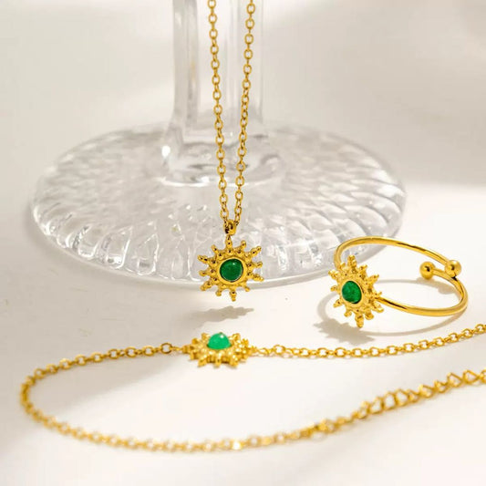 Emerald Titanium Gold Solar Protection Fortune Elegant Jewelry Set